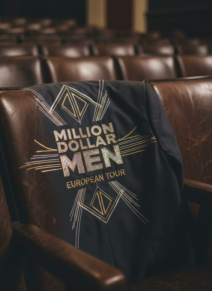 A close-up, photographic detail of a custom-embroidered tour jacket draped over the back of a worn leather theatre seat. The fabric is deep charcoal with a subtle sheen, and the back panel features intricate gold and silver embroidery reading “Million Dollar Men European Tour” with stylized, abstract iconography instead of any figures. Soft, directional auditorium lighting from the side accentuates the stitching texture and the creases in the leather seat, while the background rows of seats fade gently into blur. Shot at a slight diagonal angle, the image feels intimate yet polished, evoking pride, legacy, and the long-running history of the 2017–2025 tour.