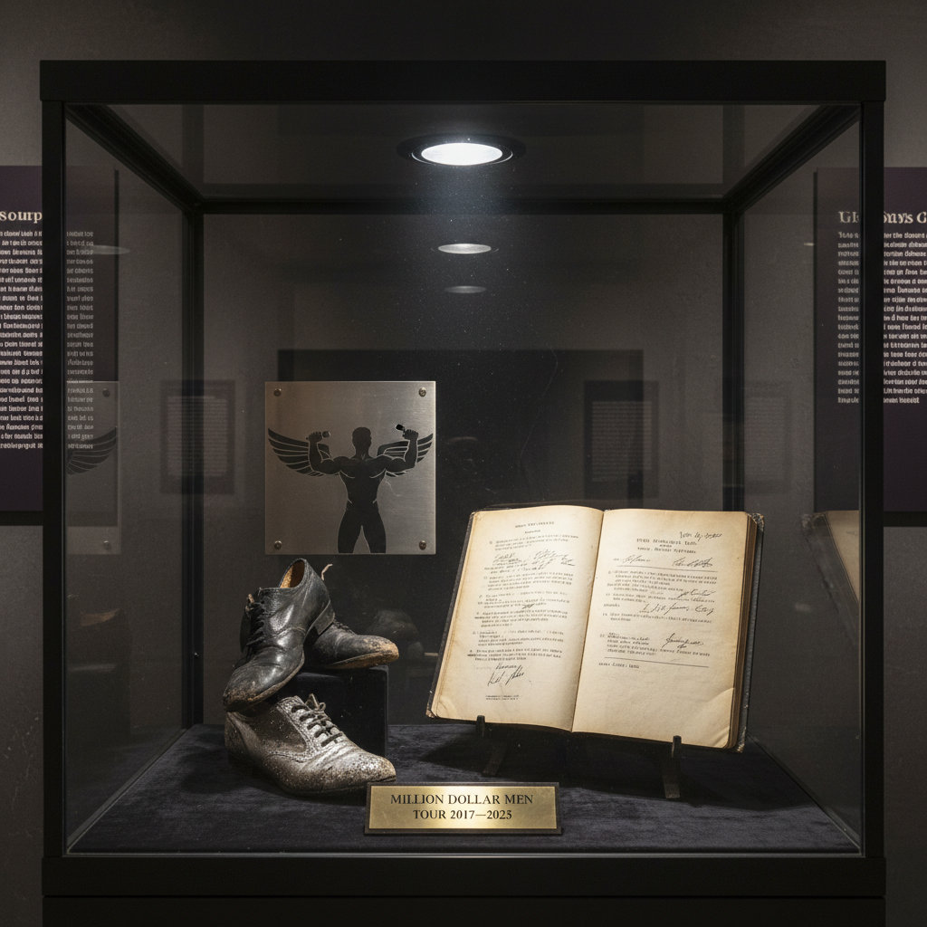 A museum-style display case in photographic realism, showcasing preserved memorabilia from the Million Dollar Men tour: a signed show script open to a climactic scene (signatures not readable), a pair of scuffed dance shoes without any indication of the wearer, a commemorative plaque with engraved tour dates 2017–2025, and a metallic show logo plate. The case stands against a dark charcoal wall with subtle text panels blurred in the background. Overhead gallery spotlights create crisp, focused pools of light inside the glass, producing gentle reflections and minute dust particles. Shot straight-on with sharp detail, the mood is reverent and archival, framing the production’s history as a significant cultural achievement.