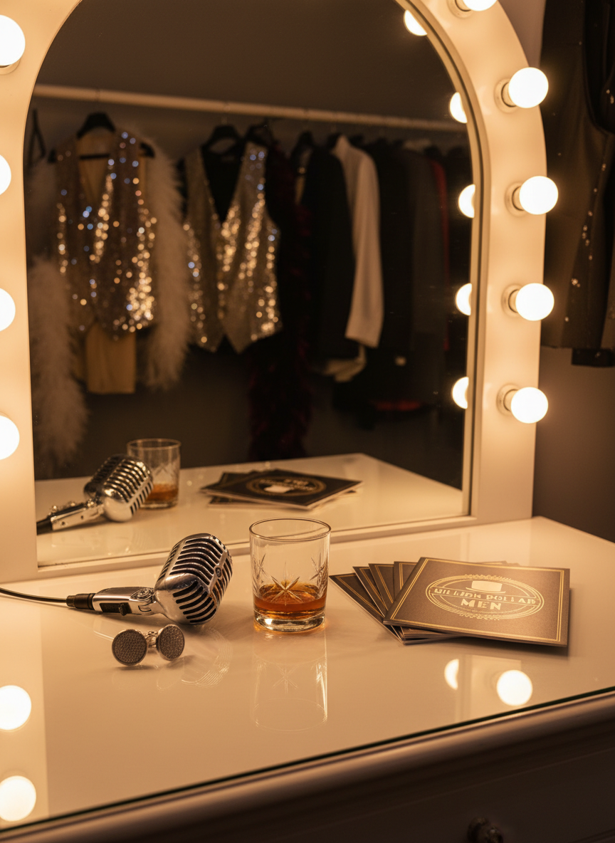 A polished dressing-room table in photographic realism, its glossy white surface scattered with neatly arranged props from the Million Dollar Men show: a crystal tumbler with stage whiskey, metallic cufflinks, a vintage-style microphone, and a stack of embossed show programs fanned out to reveal the tour logo. A large mirror edged with round theatre bulbs dominates the background, reflecting blurred racks of costumes without any visible bodies. The warm golden glow from the bulbs casts soft, flattering light and gentle reflections across the objects. Shot at eye level with a shallow depth of field, the mood is professional, intimate, and anticipatory, suggesting pre-show preparation in a refined touring environment.