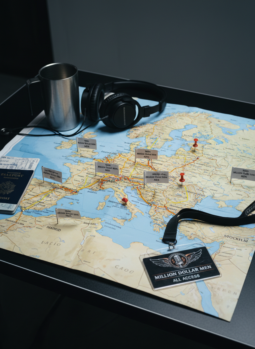 A photographic, documentary-style image of a road-worn tour map spread across a black production table, showing the UK and Europe with a network of highlighted routes and pinned city names representing the Million Dollar Men tour stops. Around the map sit a metal travel mug, a pair of over-ear headphones, a stamped passport, and a lanyard with an all-access laminate bearing the tour logo. Cool, diffused overhead lighting casts even illumination, with gentle shadows suggesting late-night planning. Captured from a slightly elevated angle with moderate depth of field, the composition feels strategic and reflective, emphasizing the scale, logistics, and achievements of a multi-year touring show.