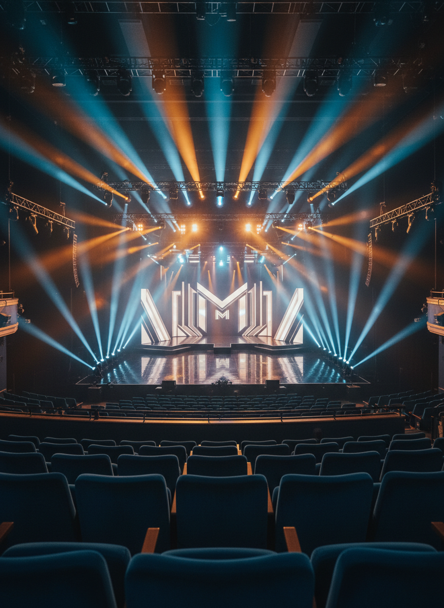 A wide, photographic shot of an empty, professionally lit stage set for the Million Dollar Men tour, captured from the back of the auditorium. Powerful stage lights in cool blues and warm ambers cut through a light haze, forming crisp beams that cross above a glossy black stage floor. At center stage, a minimalist geometric set piece featuring metal frames and illuminated panels subtly references the show’s branding without showing any figures. The foreground includes the tops of plush theatre seats in soft focus, leading the eye toward the illuminated stage. The atmosphere is dynamic and grand, emphasizing production values, touring scale, and the anticipation of a high-end live event.