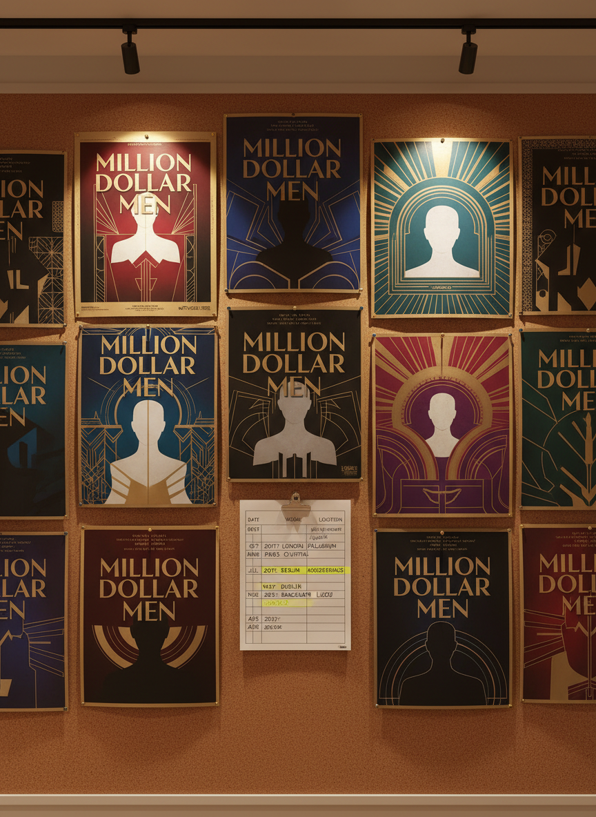 An elegant collection of theatre and event posters for the Million Dollar Men tour pinned to a corkboard wall, each design partially visible with bold typography, metallic accents, and rich jewel-tone color palettes. Some posters show stylized silhouettes and abstract geometric patterns, but no human figures. A laminated tour schedule with highlighted dates and venue names is clipped beside them. Warm tungsten track lighting from above bathes the board, creating soft shadows and subtle reflections on glossy paper. Captured straight-on in sharp focus with a clean, modern, photographic style, the composition feels like a curated archive wall, professional and organized, evoking the history and breadth of the 2017–2025 tour across the UK and Europe.