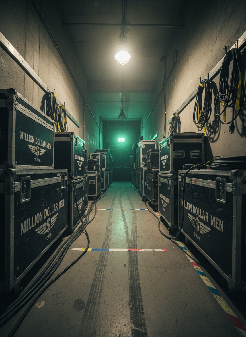 A cinematic, photographic image of a dimly lit backstage corridor lined with stacked flight cases bearing the Million Dollar Men tour branding, rolled cables, and neatly coiled power leads secured with labeled Velcro ties. A glowing green EXIT sign at the far end casts a soft, eerie light, while a single overhead work light pools warm illumination on the concrete floor, revealing wheel marks and taped stage markings. The perspective is from a low eye-level angle, leading the viewer’s gaze down the corridor. The mood is atmospheric and professional, capturing the raw, functional infrastructure that supports a polished touring production without showing any people.