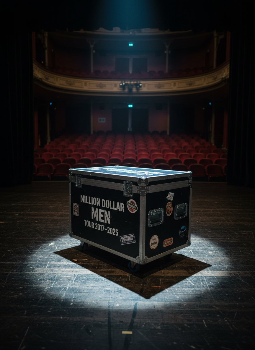 A sleek, closed touring flight case standing center stage in an empty theatre, its matte black panels edged with polished aluminum and bold white stencilled lettering reading “Million Dollar Men Tour 2017–2025.” The case rests on a scuffed wooden stage floor, with folded black drapes framing the background and rows of blurred velvet theatre seats receding into darkness. A single, cool spotlight from above creates a dramatic pool of light, catching subtle scratches and travel stickers on the case. Photographic realism, shot from a low, slightly off-center angle with shallow depth of field, conveys a professional, cinematic, behind-the-scenes atmosphere of anticipation and scale.