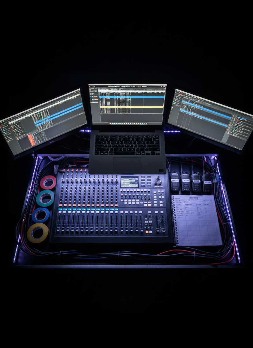 An overhead, photographic view of a meticulously organized touring production desk in a darkened control booth, lit only by the glow of multiple screens and soft LED strip lighting. A rugged laptop displays a show-cue timeline for Million Dollar Men, while a digital mixing console, timecoded show script, and labeled radio packs lie neatly arranged nearby. Coiled XLR cables and color-coded gaffer tape add texture around the edges. The lighting creates subtle reflections on metal faders and buttons, with deep shadows beyond the desk emphasizing focus and professionalism. Shot with a medium depth of field, the composition feels technical and precise, capturing the high-level coordination behind the tour’s 2017–2025 productions.